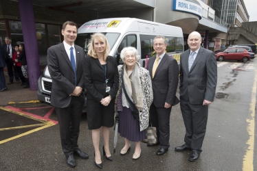 From left to right - Sue Sjuve, Chair of RSCH; Jeremy Hunt, MP for South West Surrey; Paula Head, Chief Executive at RSCH; Moyra Finlay, regular Hospital hoppa passenger; Rob Stansbury, Chair of hoppa and Steve Forward, General Manager at hoppa.